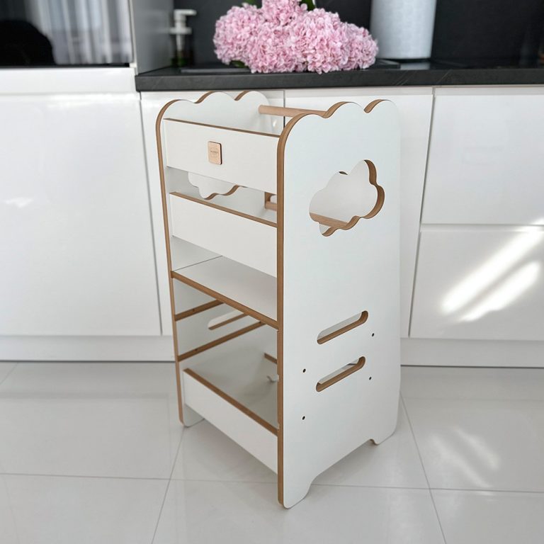 Plush Nest Dječji Kuhinjski Pomoćnik, Kuhinjska Stolica, Kuhinjski Pomoćnik, 3 Razine, Bijela, Oblak, Drvena 5