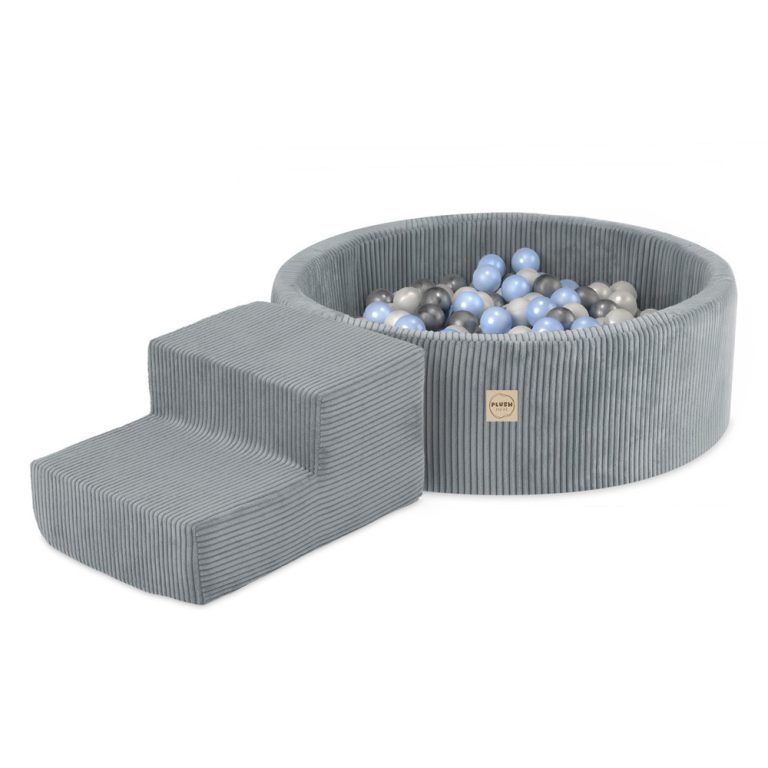 Plush Nest Igralište Suhi Bazen 90x30 + Stepenica (+200 Loptica: Biserna, Srebrna, Svijetloplava), Siva, Vrhunski C 1