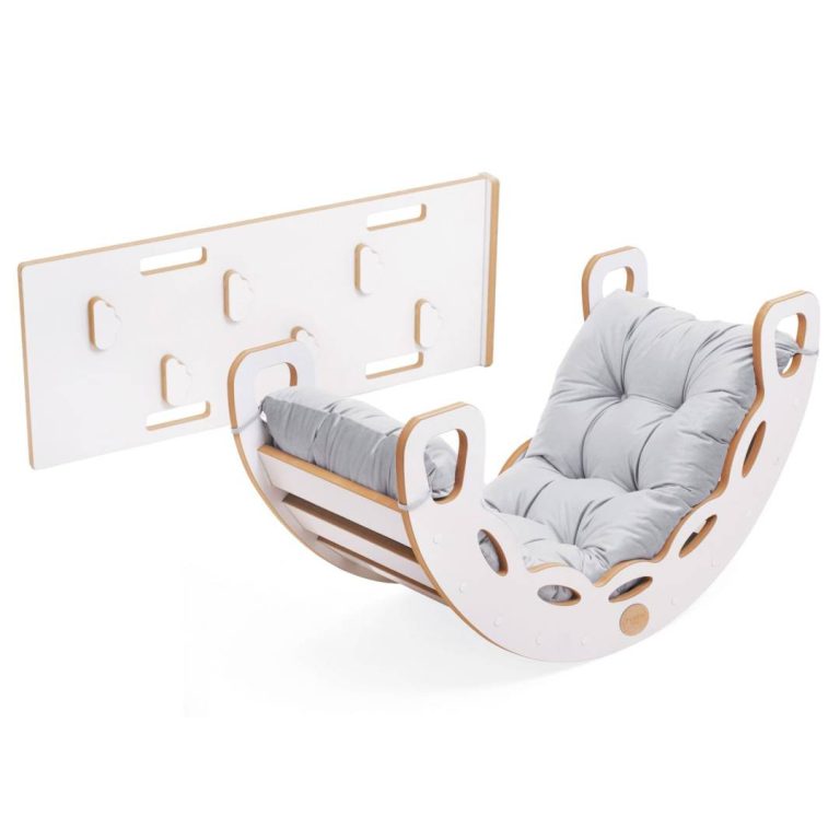 Plush Nest Mala Ljuljačka 4 U 1 Ljuljačka + Zid Za Penjanje/tobogan + Jastuk (baršunasto Siva), Bijela Drvena Ploča 8