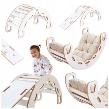 Plush Nest Mala Ljuljačka 4 U 1 Ljuljačka + Zid Za Penjanje/tobogan + Jastuk (bež/zlatni Baršun), Bijela Vuna 11