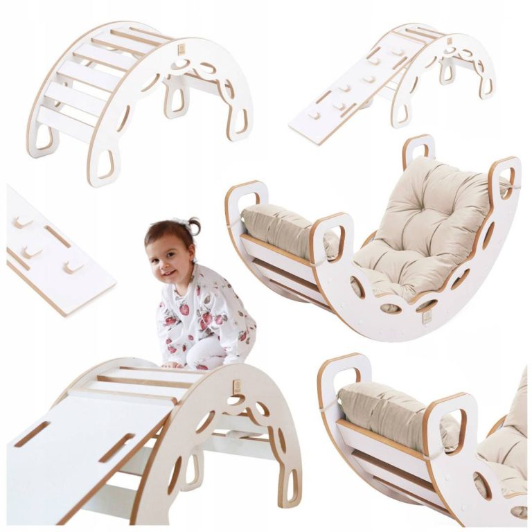 Plush Nest Mala Ljuljačka 4 U 1 Ljuljačka + Zid Za Penjanje/tobogan + Jastuk (bež/zlatni Baršun), Bijela Vuna 11