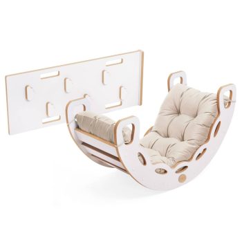 Plush Nest Mala Ljuljačka 4 U 1 Ljuljačka + Zid Za Penjanje/tobogan + Jastuk (bež/zlatni Baršun), Bijela Vuna 15