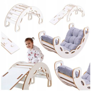 Plush Nest Mala Ljuljačka 4 U 1 Ljuljačka + Zid Za Penjanje/tobogan + Jastuk (lila Baršun), Bijela Drvena P 13