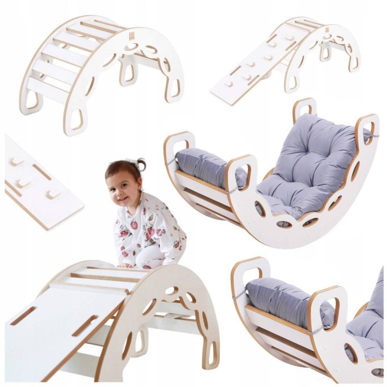 Plush Nest Mala Ljuljačka 4 U 1 Ljuljačka + Zid Za Penjanje/tobogan + Jastuk (lila Baršun), Bijela Drvena P 13