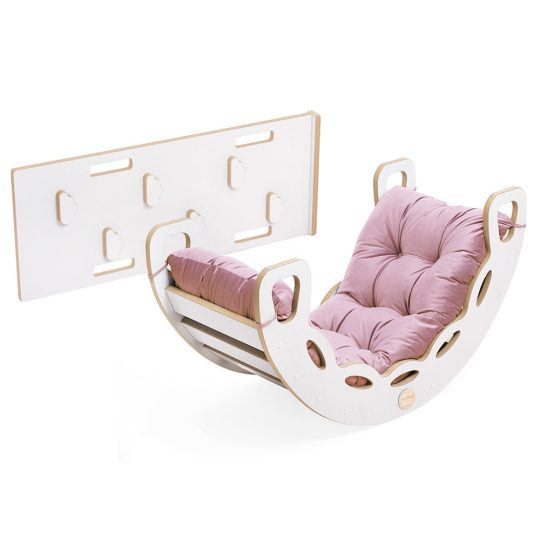 Plush Nest Mala Ljuljačka 4 U 1 Ljuljačka + Zid Za Penjanje/tobogan + Jastuk (ružičasti Baršun), Bijela Drvena Ploča 1