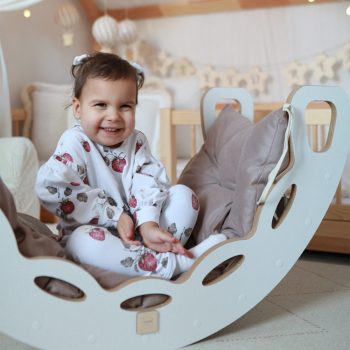 Plush Nest Mala Ljuljačka 4 U 1 Ljuljačka + Zid Za Penjanje/tobogan + Jastuk (ružičasti Baršun), Bijela Drvena Ploča 13