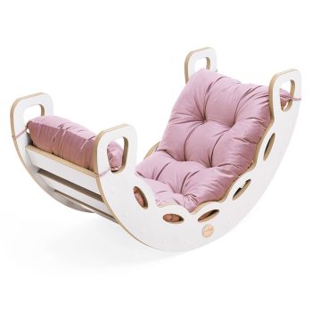 Plush Nest Mala Ljuljačka 4 U 1 Ljuljačka + Zid Za Penjanje/tobogan + Jastuk (ružičasti Baršun), Bijela Drvena Ploča 4