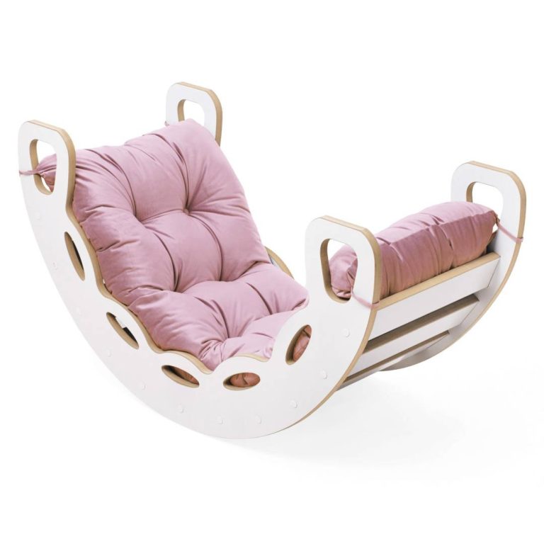 Plush Nest Mala Ljuljačka 4 U 1 Ljuljačka + Zid Za Penjanje/tobogan + Jastuk (ružičasti Baršun), Bijela Drvena Ploča 5