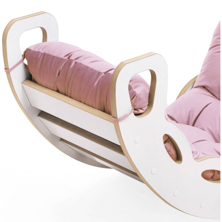 Plush Nest Mala Ljuljačka 4 U 1 Ljuljačka + Zid Za Penjanje/tobogan + Jastuk (ružičasti Baršun), Bijela Drvena Ploča 6