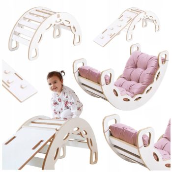 Plush Nest Mala Ljuljačka 4 U 1 Ljuljačka + Zid Za Penjanje/tobogan + Jastuk (ružičasti Baršun), Bijela Drvena Ploča 8