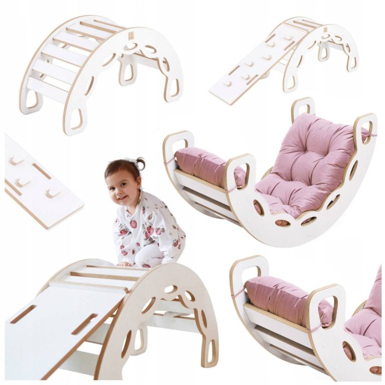 Plush Nest Mala Ljuljačka 4 U 1 Ljuljačka + Zid Za Penjanje/tobogan + Jastuk (ružičasti Baršun), Bijela Drvena Ploča 8