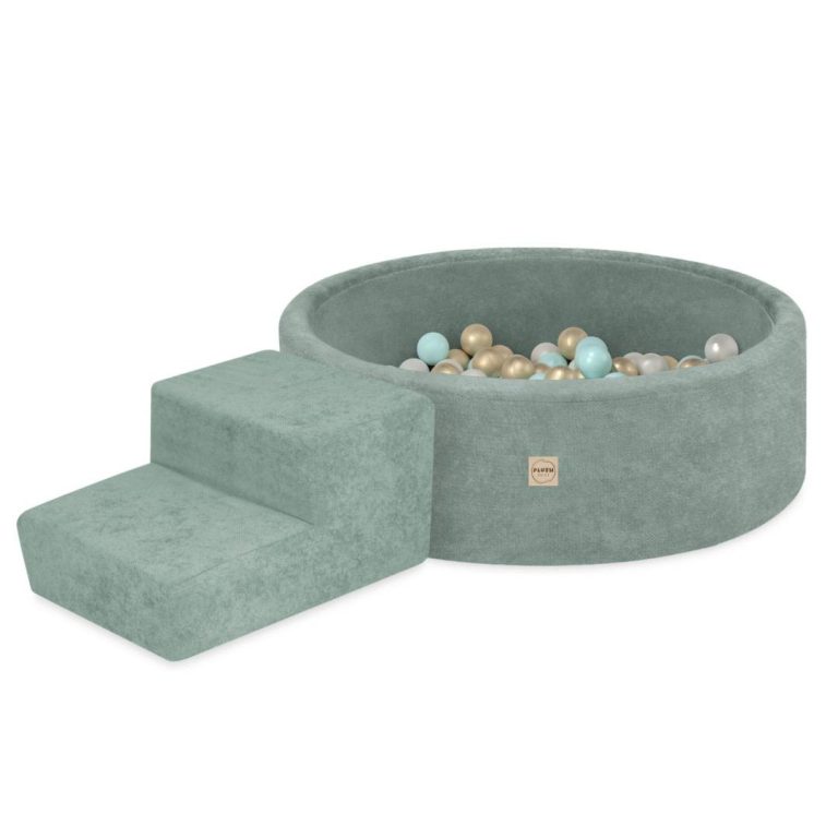 Plush Nest Suhi Bazen Za Igralište 90x30 Sa Stepenicom (+200 Loptica: Biserna, Zlatna, Mint), Zelena, Vrhunski Cheni 1