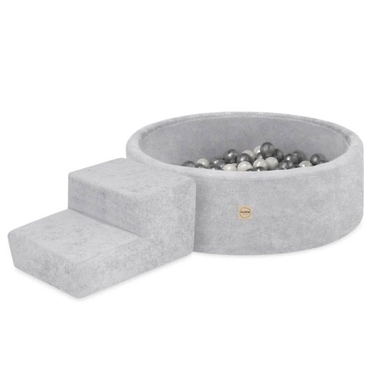Plush Nest Suhi Bazen Za Igralište 90x30 Sa Stepenicom (+200 Loptica: Biserne, Srebrne), Siva, Vrhunski šenil 1
