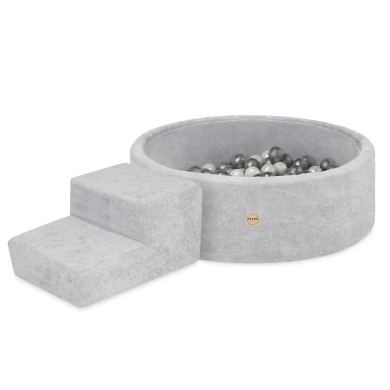 Plush Nest Suhi Bazen Za Igralište 90x30 Sa Stepenicom (+200 Loptica: Biserne, Srebrne), Siva, Vrhunski šenil 1