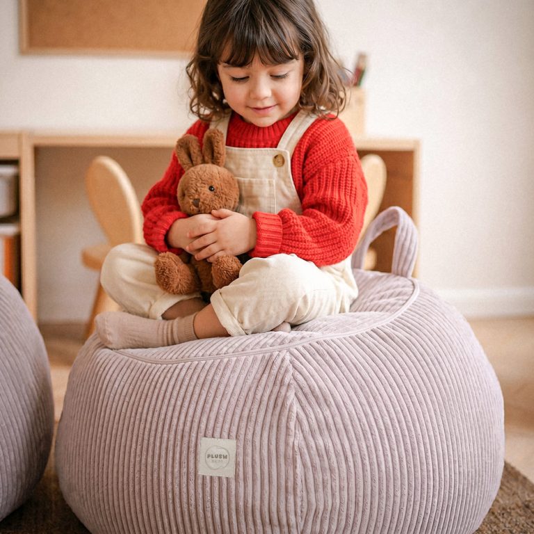 Plush Nest Vrećica Za Pohranu Igračaka I Plišanih Igračaka, Dječji Puf, Bež, Vrhunski Kord, Mini 2