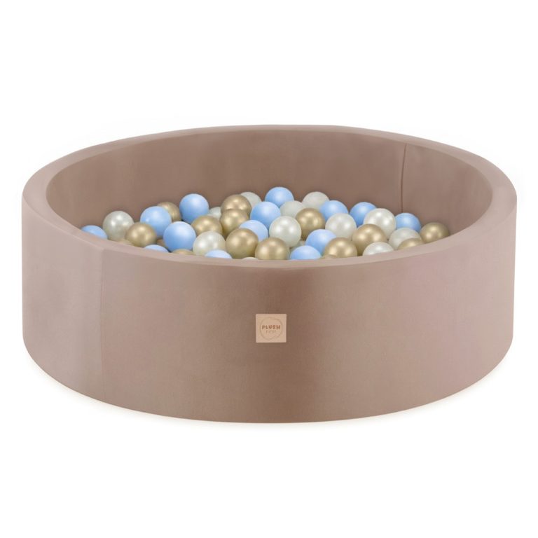 Plush Nest Bazen S Lopticama, Bež, Okrugli, Baršun, 90x30, 200 Loptica: Biserna, Zlatna, Svijetloplava 1