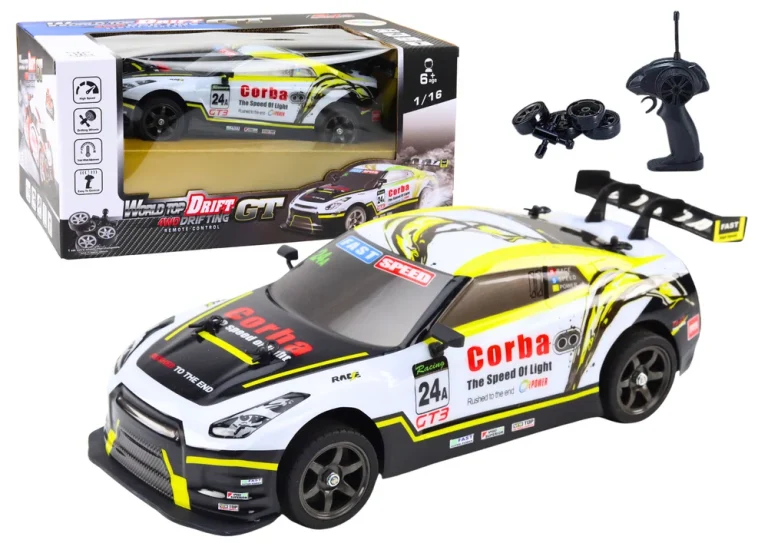 Rc Sportski Automobil 1:16 Drift S Izmjenjivim Kotačima Bijeli I žuti 1
