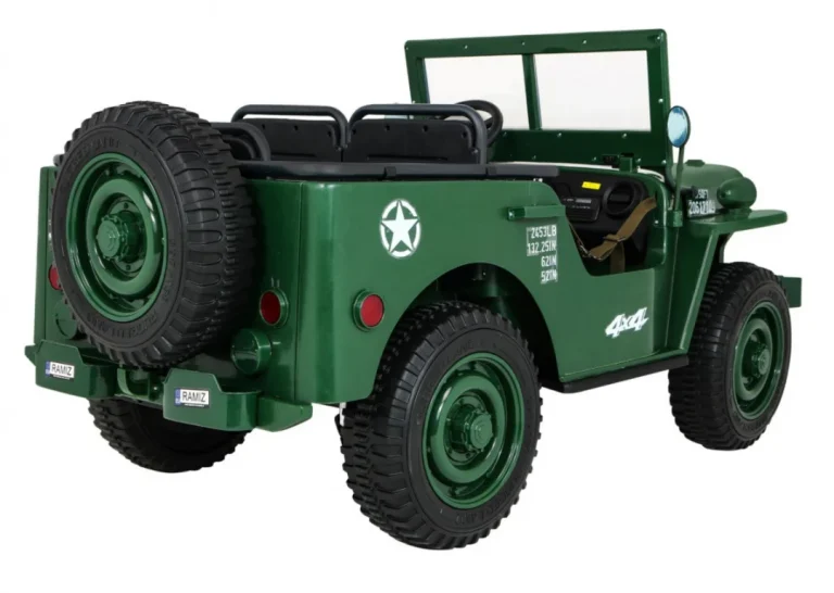 Retro Snažan Vojni Automobil Za 3 Djece Zeleni + 4x4 Pogon + Spremište + Eva + Sporo, Zelena 7