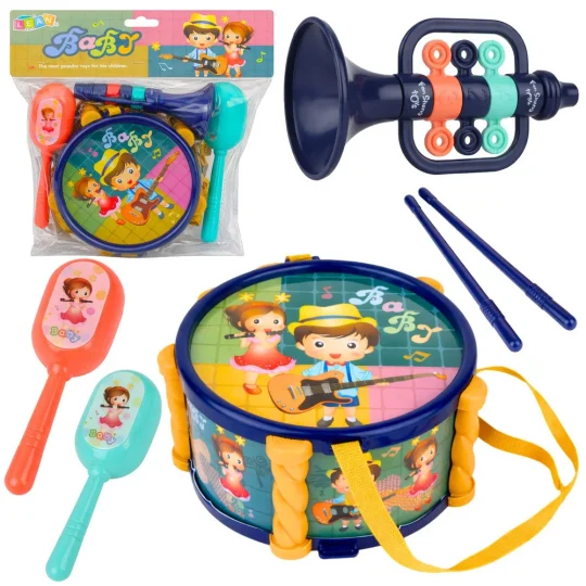 Set Glazbenih Instrumenata Za Djecu Bubanj, Truba, Zvečke I Palice 1