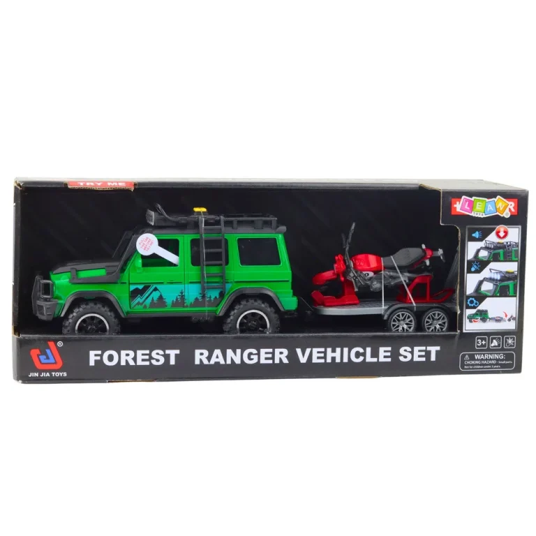 Set Terenskog Vozila Sa Svjetlima I Zvukovima, Prikolica I Motocikl Zeleni 5