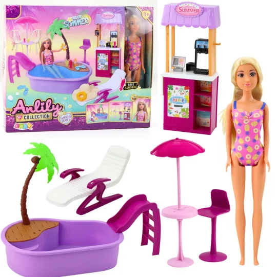Set Za Lutke Anlily Na Plaži S Bazenom, Palmom I Stalkom Za Piće 1