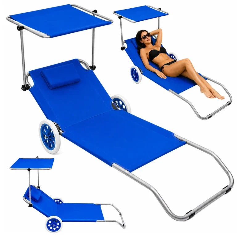 Sklopiva Plažna Ležaljka S Nadstrešnicom Na Kotačima Plava 1