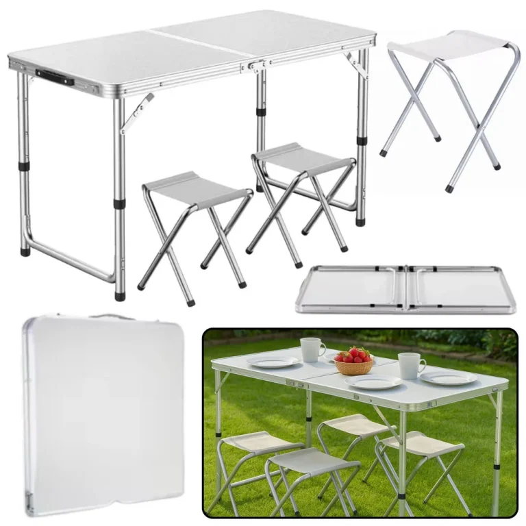 Sklopivi Kamperski Set Stol + 4 Stolice Bijeli 1