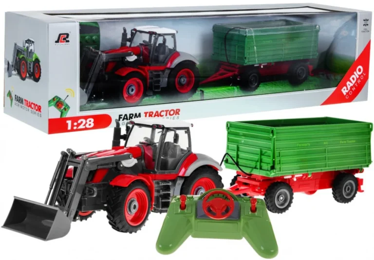 Traktor S Bagerom I Prikolicom Za Djecu 3+ Daljinski Upravljano + Pokretni Dijelovi Crvena I Zelena 1