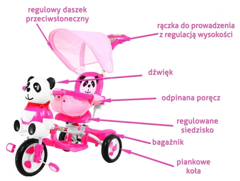 Tricikl Panda Ružičasti S Krovom I Ručkom 6