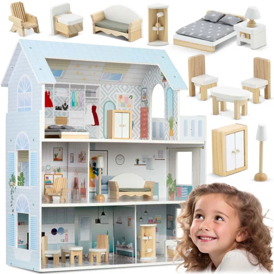 Velika Drvena Kućica Za Lutke Na 3 Kata Ricokids Rk 878, Siva, Var. 787801 1