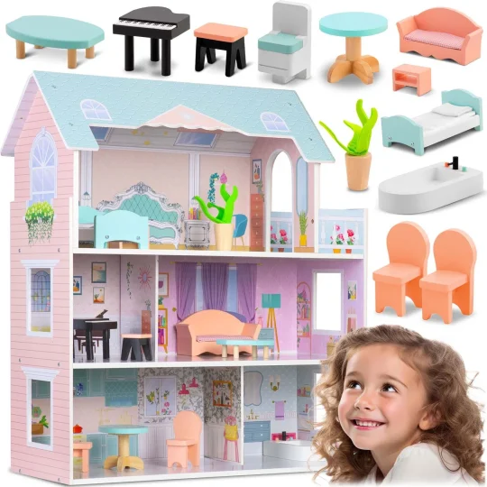 Velika Drvena Kućica Za Lutke Na 3 Kata Ricokids Rk 878, Siva 1