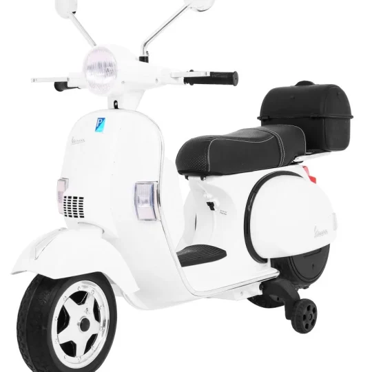 Vespa Električni Skuter Za Djecu Bijeli + Pomoćni Kotači + Audio + Eko Koža + Eva + Spori, Bijela Motor Na Akumulator 1