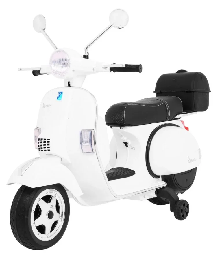 Vespa Električni Skuter Za Djecu Bijeli + Pomoćni Kotači + Audio + Eko Koža + Eva + Spori, Bijela Motor Na Akumulator 1