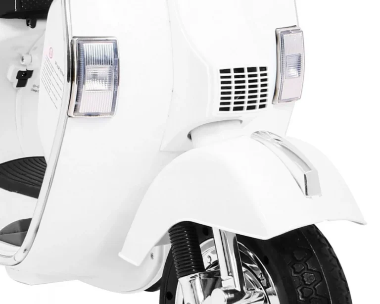 Vespa Električni Skuter Za Djecu Bijeli + Pomoćni Kotači + Audio + Eko Koža + Eva + Spori, Bijela Motor Na Akumulator 12