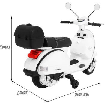 Vespa Električni Skuter Za Djecu Bijeli + Pomoćni Kotači + Audio + Eko Koža + Eva + Spori, Bijela Motor Na Akumulator 2