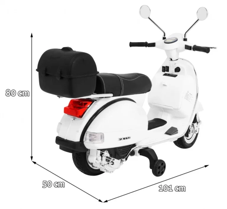 Vespa Električni Skuter Za Djecu Bijeli + Pomoćni Kotači + Audio + Eko Koža + Eva + Spori, Bijela Motor Na Akumulator 2