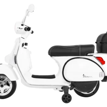 Vespa Električni Skuter Za Djecu Bijeli + Pomoćni Kotači + Audio + Eko Koža + Eva + Spori, Bijela Motor Na Akumulator 4