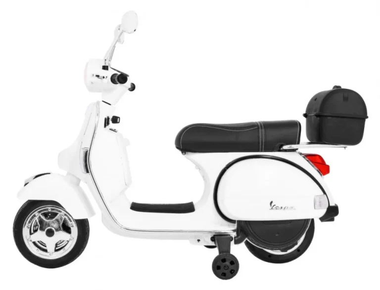 Vespa Električni Skuter Za Djecu Bijeli + Pomoćni Kotači + Audio + Eko Koža + Eva + Spori, Bijela Motor Na Akumulator 4