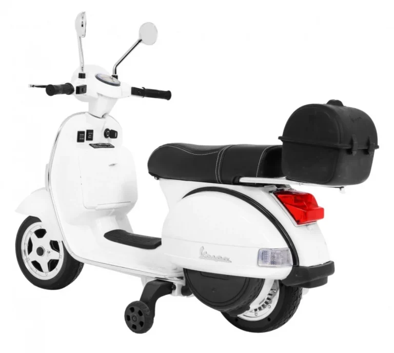 Vespa Električni Skuter Za Djecu Bijeli + Pomoćni Kotači + Audio + Eko Koža + Eva + Spori, Bijela Motor Na Akumulator 5