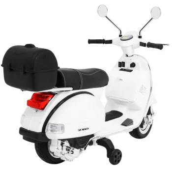 Vespa Električni Skuter Za Djecu Bijeli + Pomoćni Kotači + Audio + Eko Koža + Eva + Spori, Bijela Motor Na Akumulator 8
