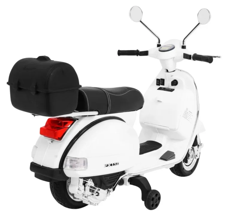 Vespa Električni Skuter Za Djecu Bijeli + Pomoćni Kotači + Audio + Eko Koža + Eva + Spori, Bijela Motor Na Akumulator 8