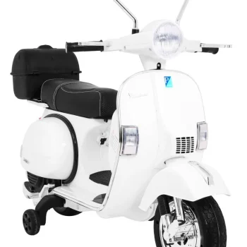 Vespa Električni Skuter Za Djecu Bijeli + Pomoćni Kotači + Audio + Eko Koža + Eva + Spori, Bijela Motor Na Akumulator 9
