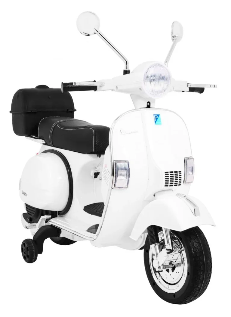 Vespa Električni Skuter Za Djecu Bijeli + Pomoćni Kotači + Audio + Eko Koža + Eva + Spori, Bijela Motor Na Akumulator 9