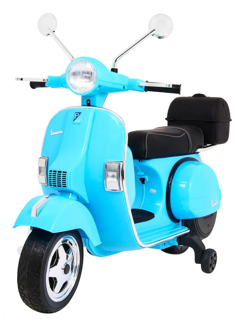 Vespa Električni Skuter Za Djecu Plavi + Pomoćni Kotači + Audio + Eko Koža + Eva + Spori, Plava Motor Na Akumulator 1