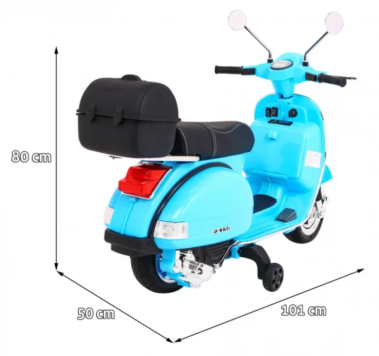 Vespa Električni Skuter Za Djecu Plavi + Pomoćni Kotači + Audio + Eko Koža + Eva + Spori, Plava Motor Na Akumulator 2