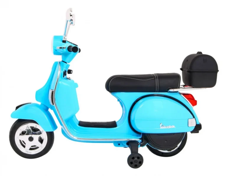 Vespa Električni Skuter Za Djecu Plavi + Pomoćni Kotači + Audio + Eko Koža + Eva + Spori, Plava Motor Na Akumulator 4
