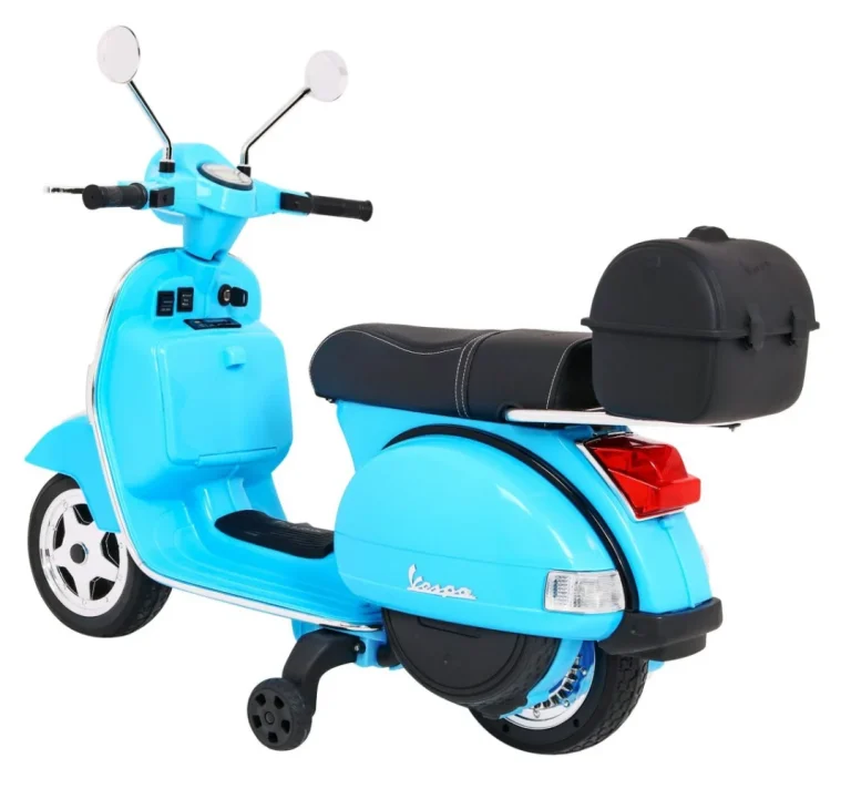 Vespa Električni Skuter Za Djecu Plavi + Pomoćni Kotači + Audio + Eko Koža + Eva + Spori, Plava Motor Na Akumulator 5