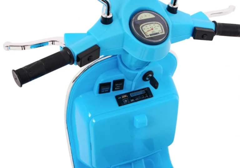 Vespa Električni Skuter Za Djecu Plavi + Pomoćni Kotači + Audio + Eko Koža + Eva + Spori, Plava Motor Na Akumulator 6