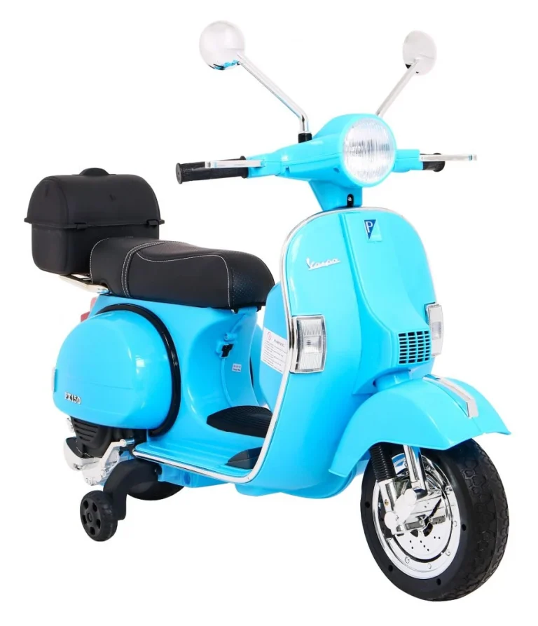 Vespa Električni Skuter Za Djecu Plavi + Pomoćni Kotači + Audio + Eko Koža + Eva + Spori, Plava Motor Na Akumulator 9