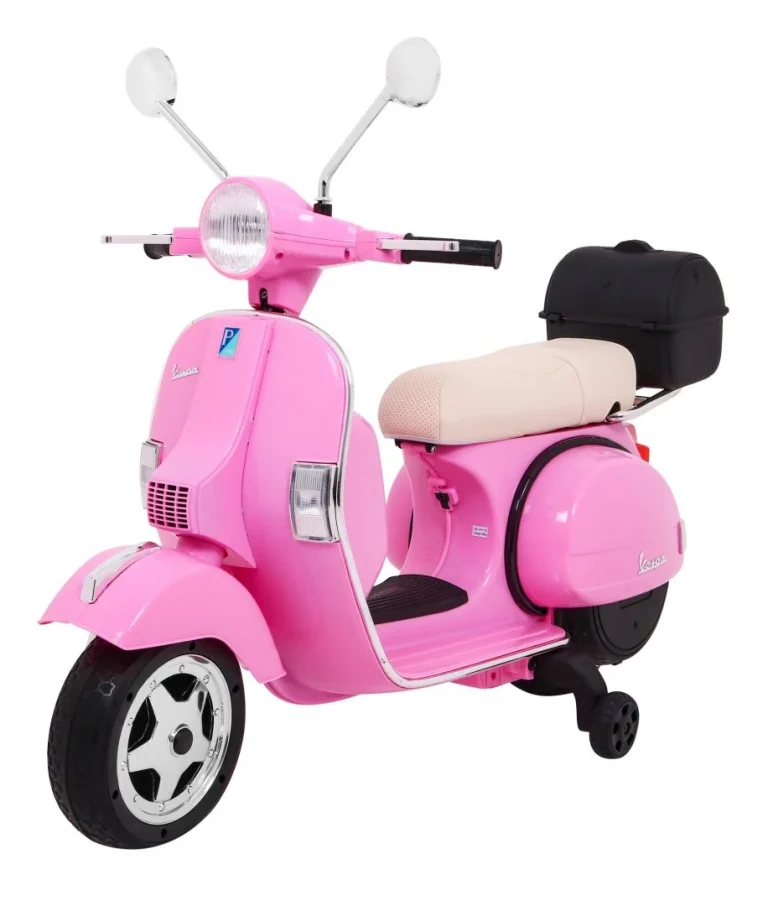 Vespa Električni Skuter Za Djecu Roza + Pomoćni Kotači + Audio + Eko Koža + Eva + Spori Start Motor Na Akumulator 1